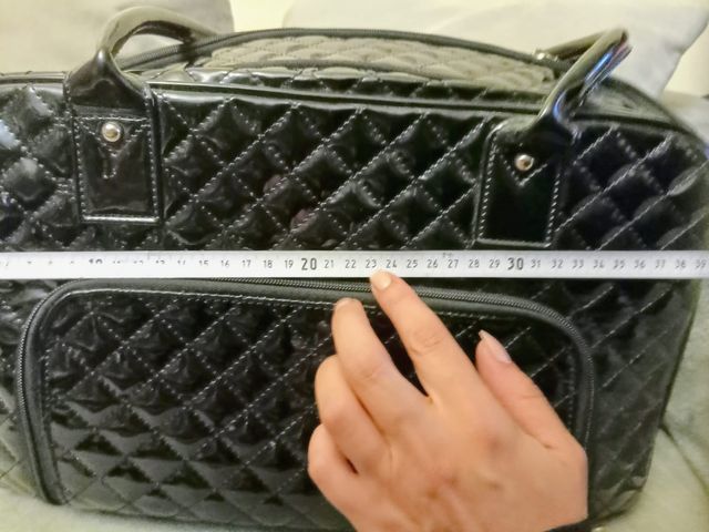 Bolso negro transporting chihuahua.