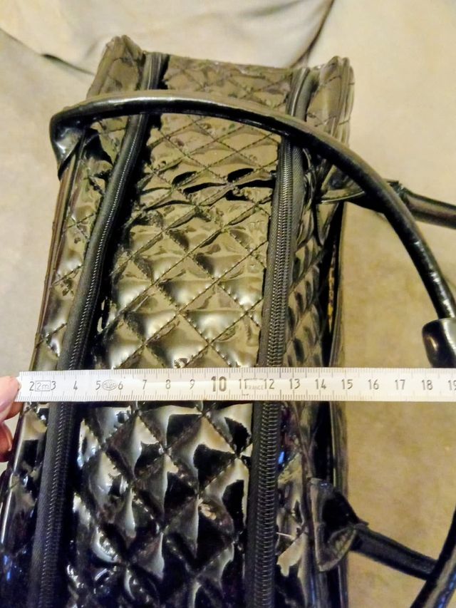 Bolso negro transporting chihuahua.