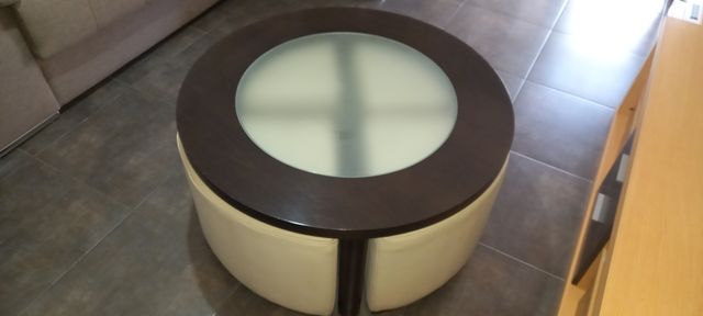 Mesa redonda madera/cristal y 4 asientos