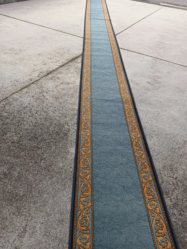 Alfombra de pasillo azul y oro
Mide 10 metros