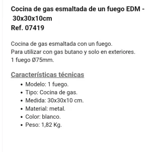 Cocina gas 1 fuego EDM esmaltada 30x30x10cm