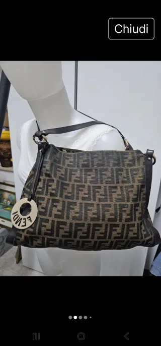 Borsa Fendi spalla pelle e tessuto trama zucca 
