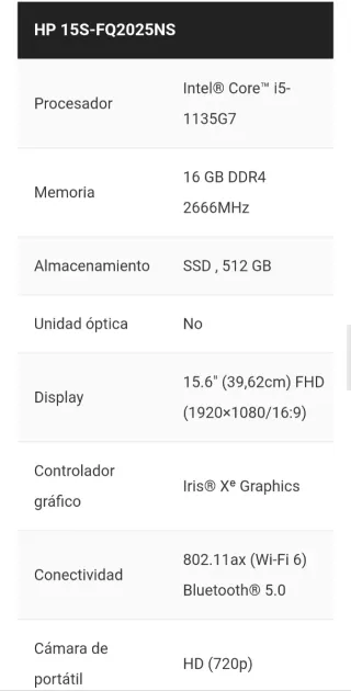 Portátil HP 15s-fq2025ns i5-1135G7 15,6 FHD