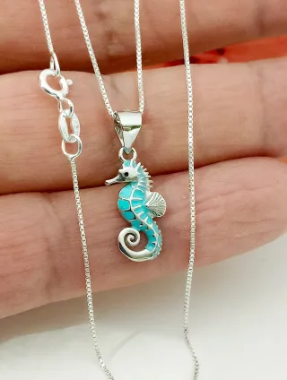 Cadena 40cm Caballito de Mar Turquesa plata de ley