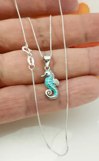 Cadena 40cm Caballito de Mar Turquesa plata de ley