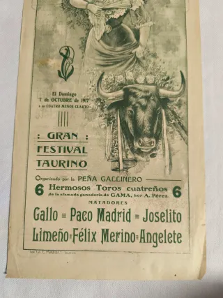 Cartel Gallito Toros Valencia 1917