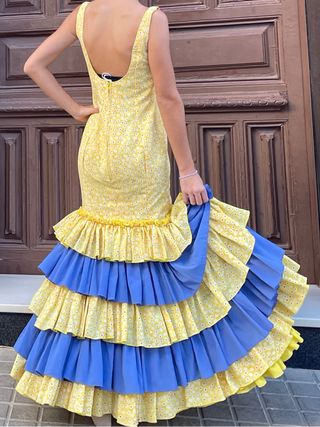 Traje de flamenca amarillo y azul talla 34