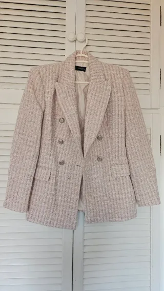 Blazer Zara Rosa Tweed Doble Botonadura