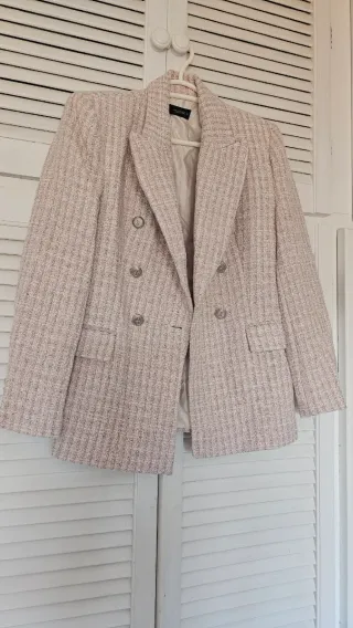 Blazer Zara Rosa Tweed Doble Botonadura