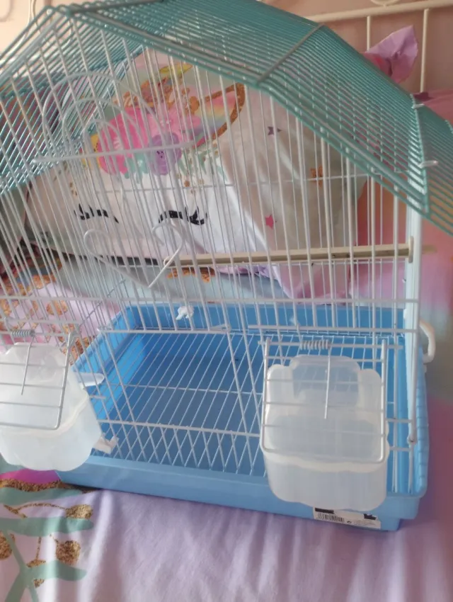 Jaula para pájaros azul y blanca