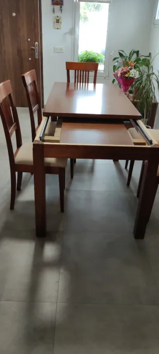 Mesa madera maciza con 6 sillas y vitrina