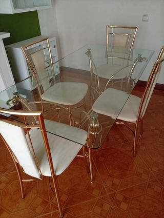 Tavolo da pranzo in vetro e 6 sedie dorate