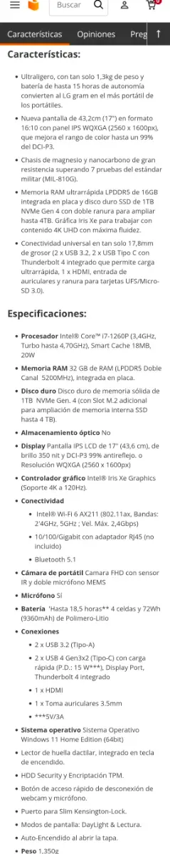 LG 17Z90Q Portátil Negro