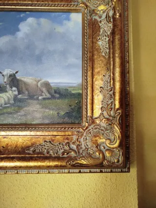 Cuadro óleo ovejas marco dorado