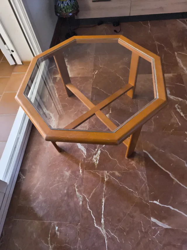 Mesa auxiliar octogonal madera y cristal