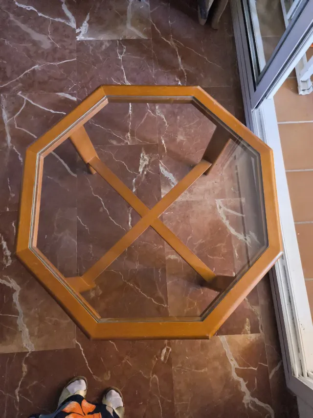 Mesa auxiliar octogonal madera y cristal