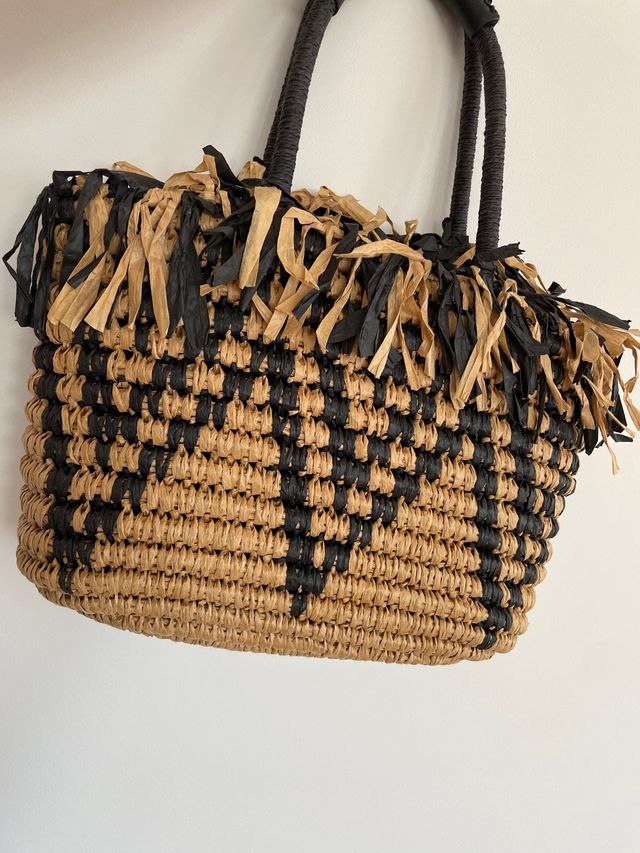Bolso capazo de rafia tejido con flecos NUEVO