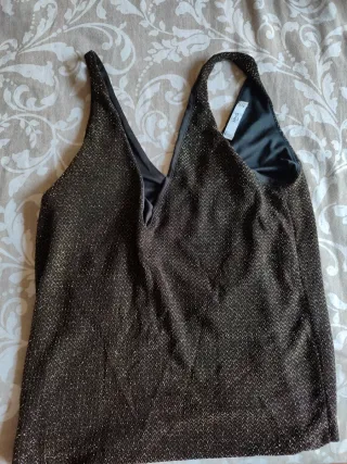 Blusa Mango XS/34 Negra y Dorada Brillante