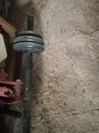 Pesas de gimnasio con discos rojos