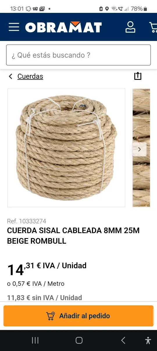 2 Rollos Cuerda Sisal Cableada 8mm 25m Beige