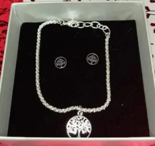 Pulsera y pendientes árbol de la vida baño plata.