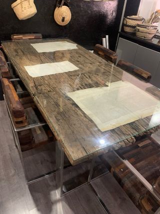 Mesa Madera Tren Acero Cristal medidas 2,25 x 1,05