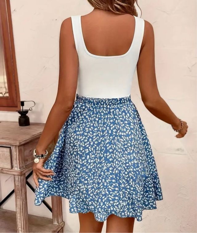 Vestido floral azul y blanco talla L