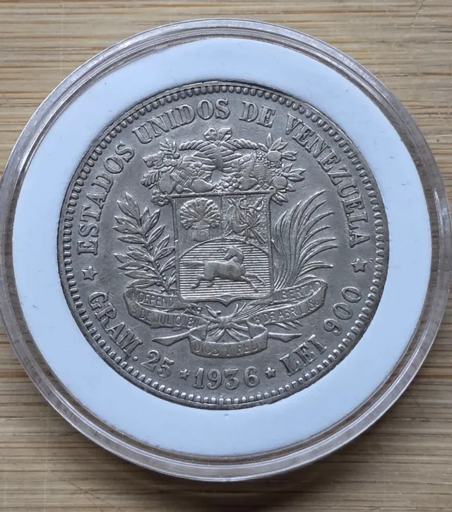 Moneda Fuerte Plata Venezuela 5 Bs 1936