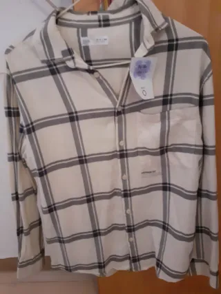 Camisa Zara cuadros beige y gris Talla S