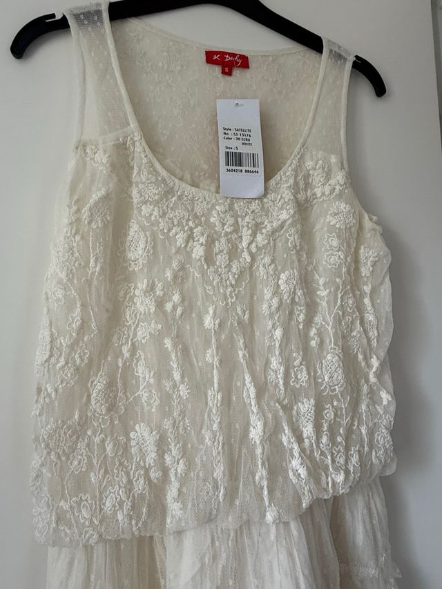 Vestido  Derhy  tul plumeti bordado blanco T.S
