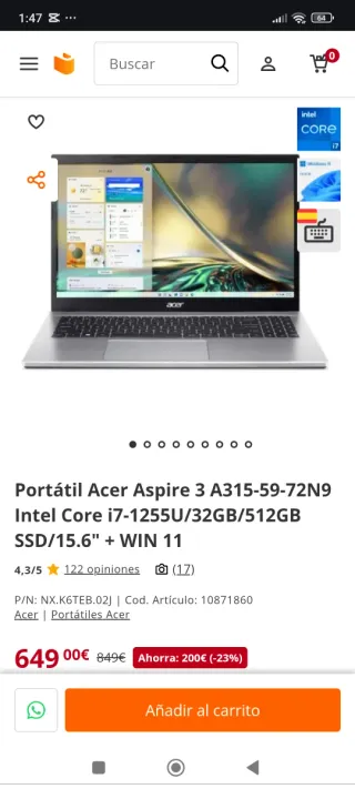 Portátil Acer Aspire 3 i7 32GB RAM 512GB  SSD