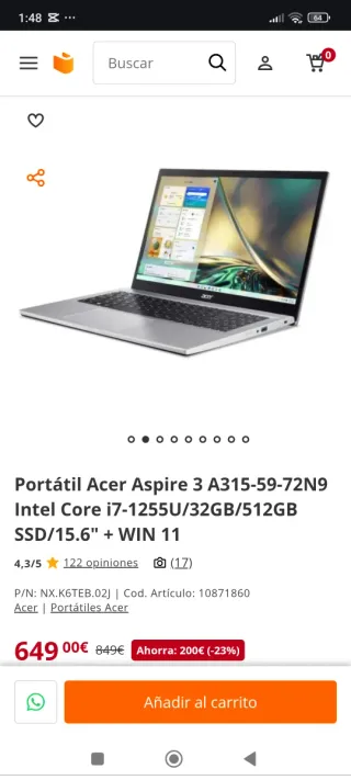Portátil Acer Aspire 3 i7 32GB RAM 512GB  SSD