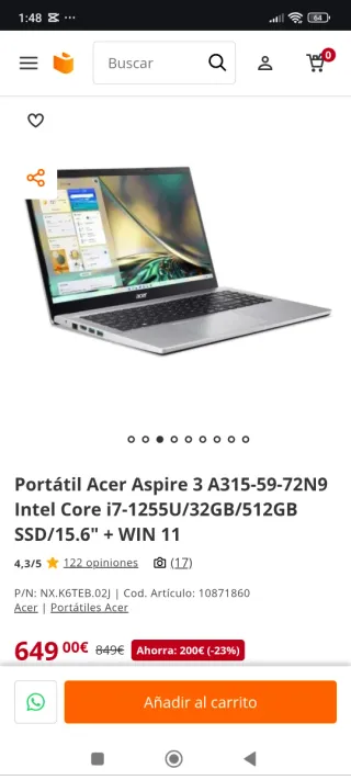 Portátil Acer Aspire 3 i7 32GB RAM 512GB  SSD