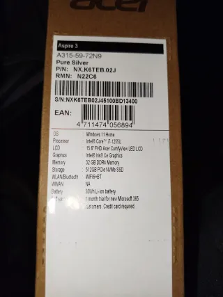 Portátil Acer Aspire 3 i7 32GB RAM 512GB  SSD