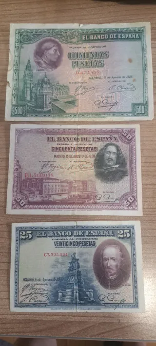 Lote 3 Billetes 500, 50, 25 Pesetas 1928