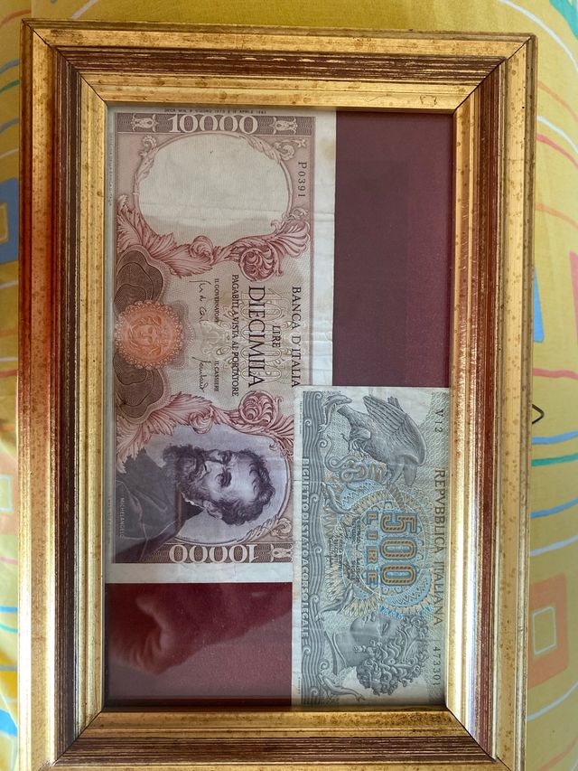 Banconote Lire 10000 e 500 incorniciate