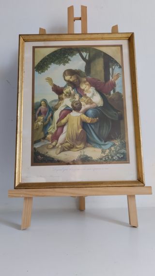 Litografía religiosa antigua Dejad que los niños