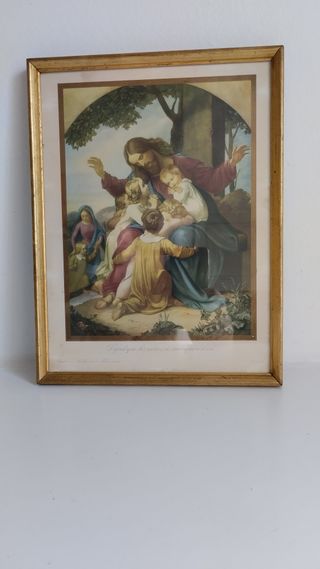 Litografía religiosa antigua Dejad que los niños