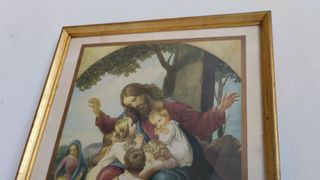 Litografía religiosa antigua Dejad que los niños