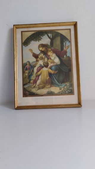 Litografía religiosa antigua Dejad que los niños