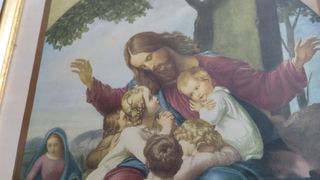 Litografía religiosa antigua Dejad que los niños