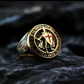 Anillo Acero Dorado Hombre Cruz Templaria