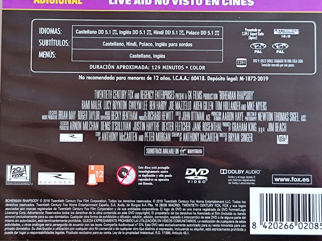 Película DVD Bohemian Rhapsody Queen