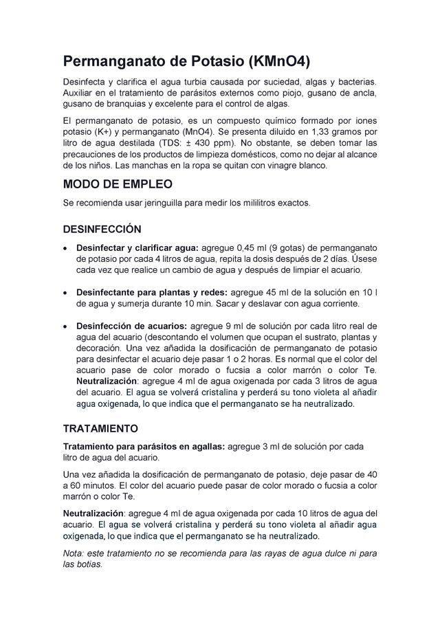 Permanganato de Potasio KMnO4 (1,33g/l) Acuario