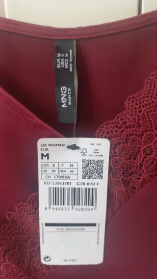 Top lencero encaje granate Mango Talla M 