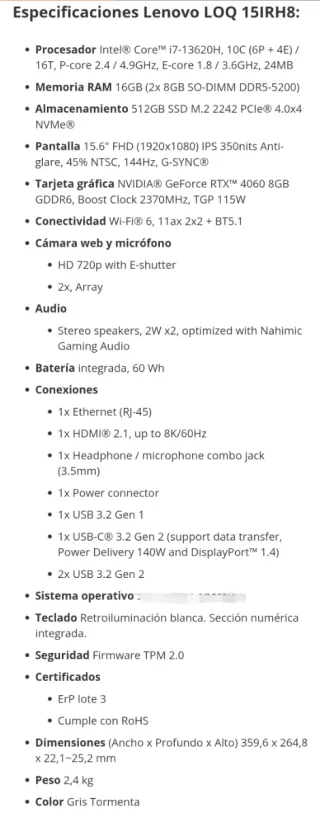 BLACK WEEK! Portátil Lenovo LOQ 15IRH8