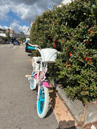 Bicicleta infantil rosa con asiento trasero