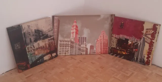 Set 3 Stampe New York Tela Beige Rosso