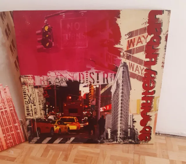 Set 3 Stampe New York Tela Beige Rosso