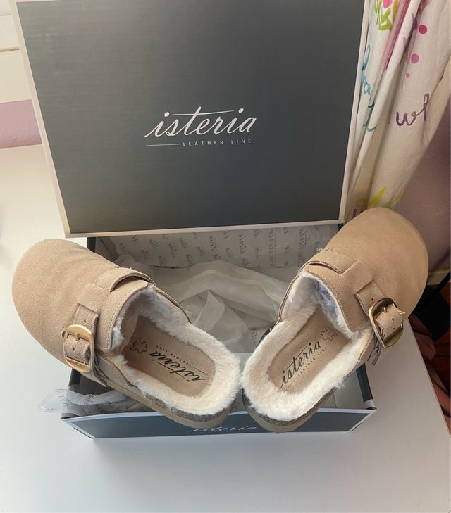 Zuecos Istria serraje pelo plataforma beige